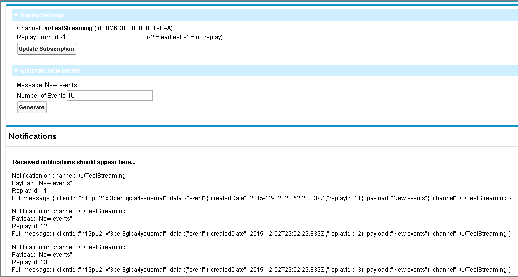 過去のイベントを生成および再生する Visualforce サンプル