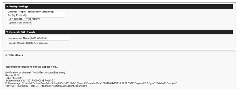 過去のイベントを生成および再生する Visualforce サンプル