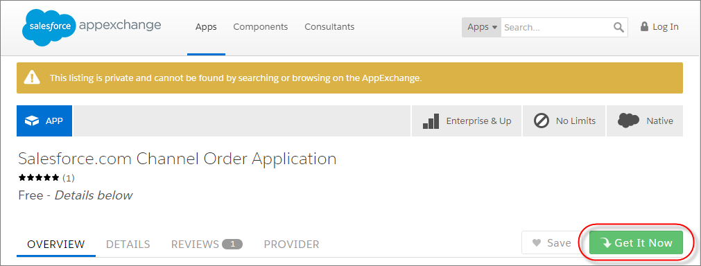 AppExchange にリストされている Channel Order App のビュー
