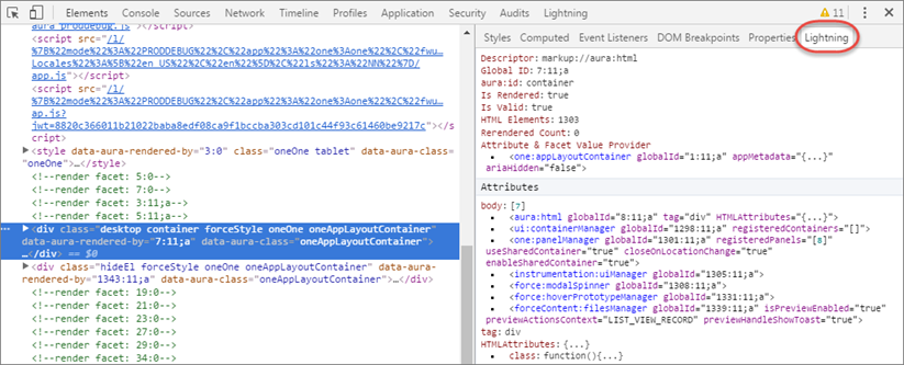 右サイドバーの [Lightning] タブが強調表示された [DevTools Elements (デベロッパーツール要素)] タブ