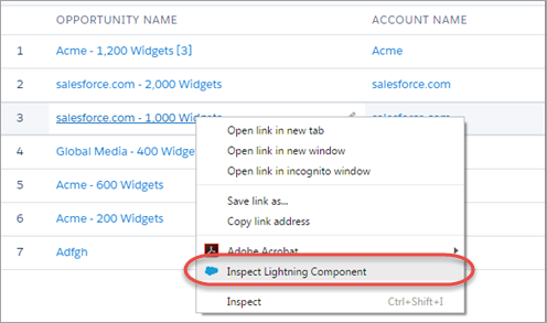 右クリックメニューが表示されていて、[Inspect Lightning Component (Lightning コンポーネントを検査)] が強調表示されている商談