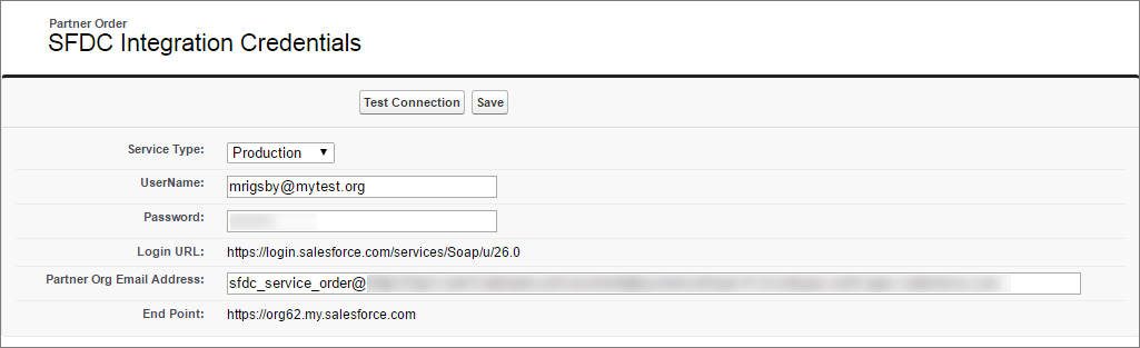 詳細が入力された Service Order ログイン情報の画面ビュー