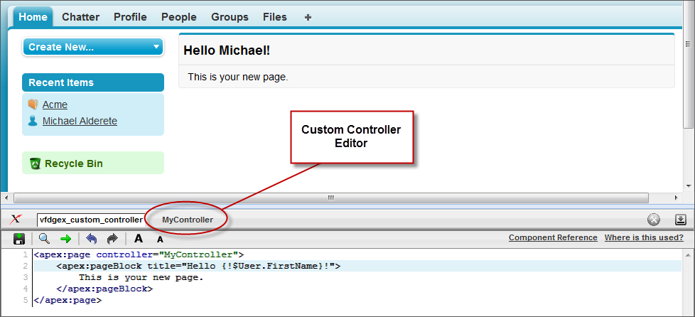 コントローラエディタへのコールアウトを表示する Visualforce ページ