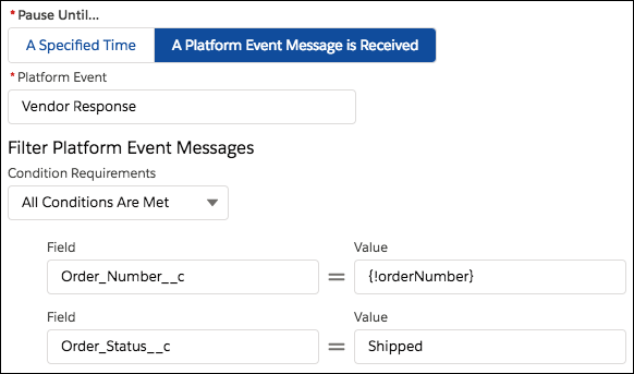 イベントの条件では、[Vendor Response (ベンダー応答)] イベントに特定の注文番号と注文状況が含まれる場合にのみ、フローは [Vendor Response (ベンダー応答)] イベントを登録する