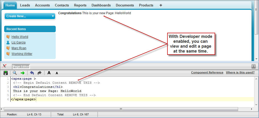 Visualforce ページエディタの上に表示された新しい Visualforce ページ