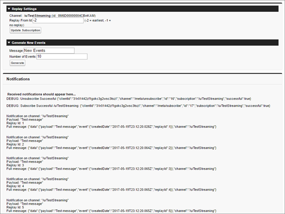 過去のイベントを生成および再生する Visualforce サンプル