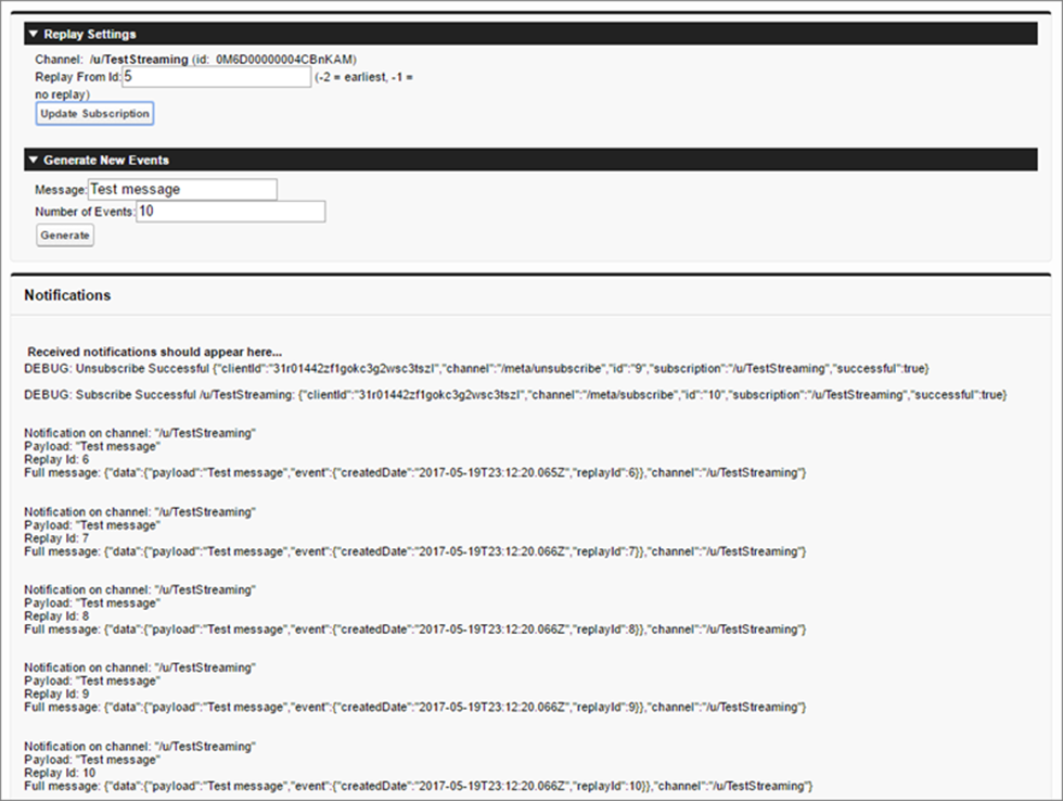 過去のイベントを生成および再生する Visualforce サンプル