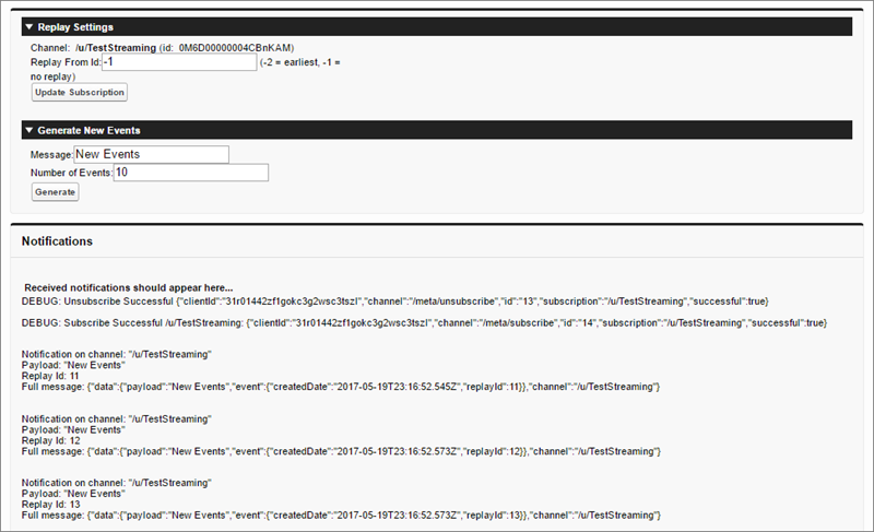 過去のイベントを生成および再生する Visualforce サンプル