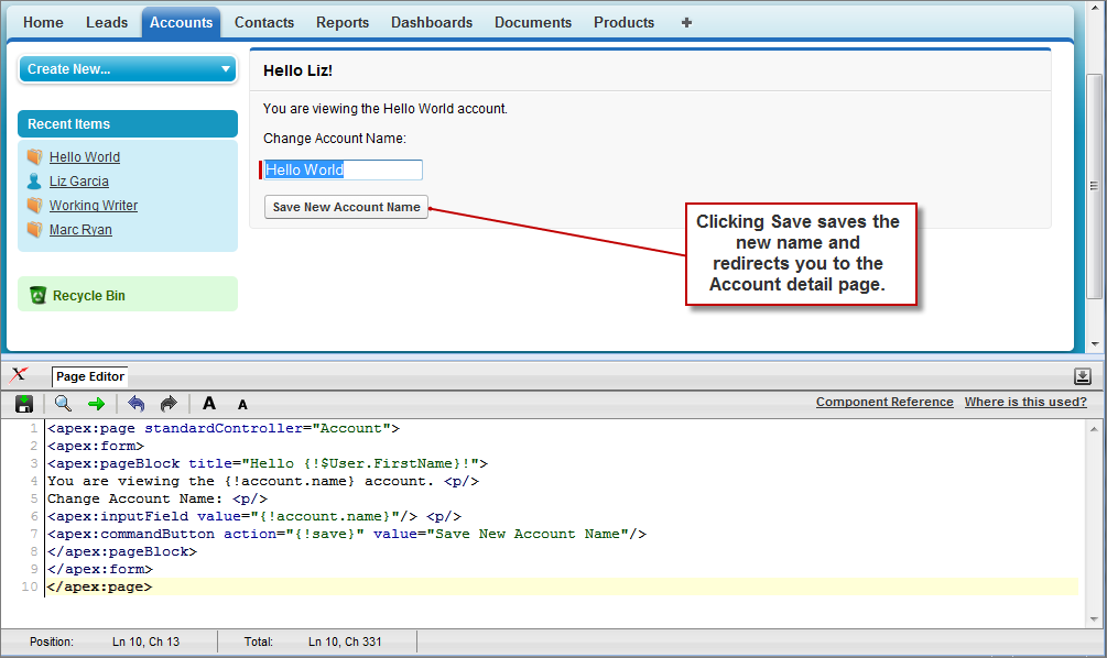 コードウィンドウに apex:form を表示し、ページビューに単一の入力項目を表示する Apex ページエディタ