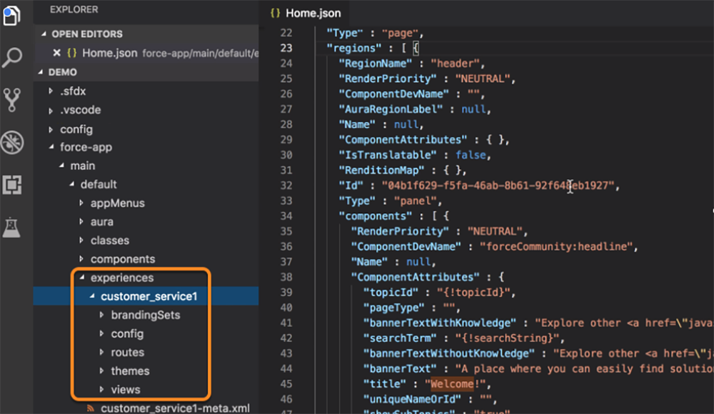 ExperienceBundle フォルダの構造と、開かれた JSON ファイル。