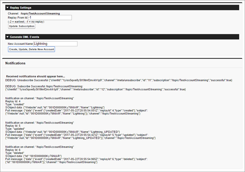 過去のイベントを生成および再生する Visualforce サンプル