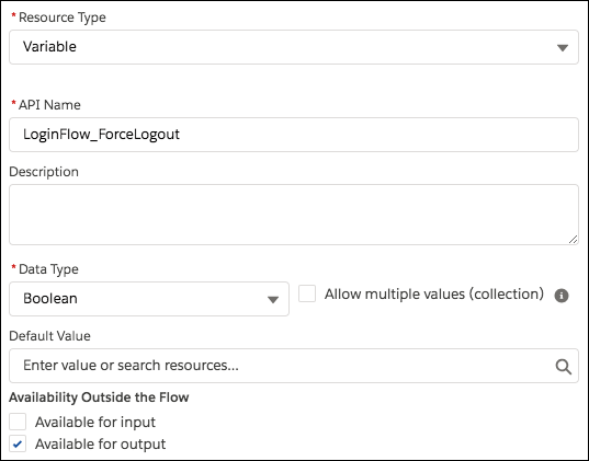 LoginFlow_ForceLogout 出力変数の作成