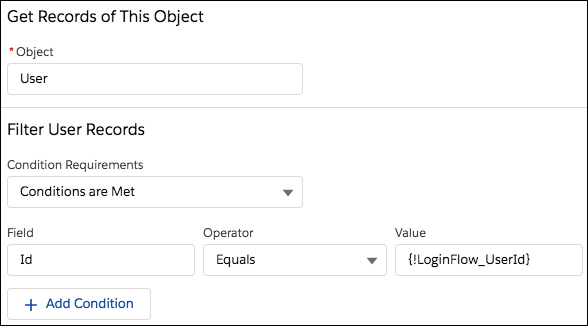 LoginFlow_UserId 変数を使用してユーザレコードを検索するレコード取得要素。