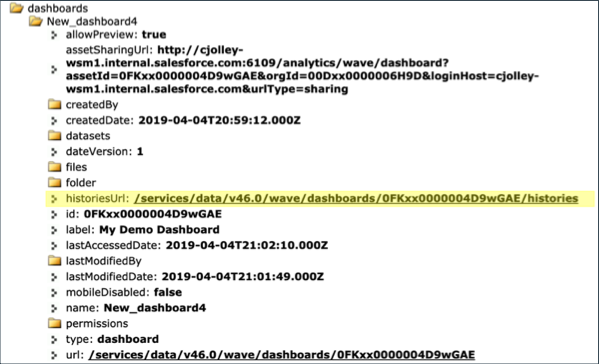 ダッシュボードの復元用の Analytics アセット履歴 API エンドポイント