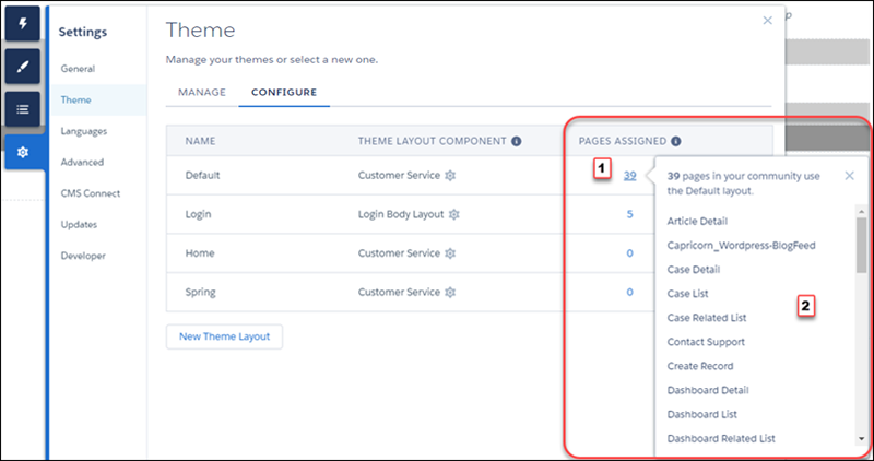 [割り当てられたページ] が表示されている、テーマの [設定] パネル