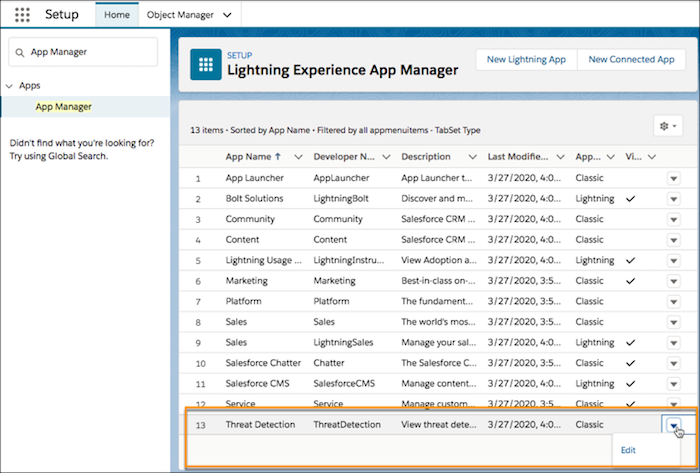 脅威検知アプリケーションが強調表示されている Lightning Experience アプリケーションマネージャ