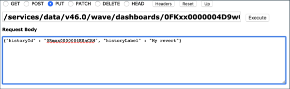 以前のバージョンを復元するための Analytics アセット履歴 API コール