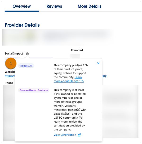 [Pledge 1% (1% の支援約束)] バッジを示すコールアウトが表示された AppExchange リスティングの [概要] タブ