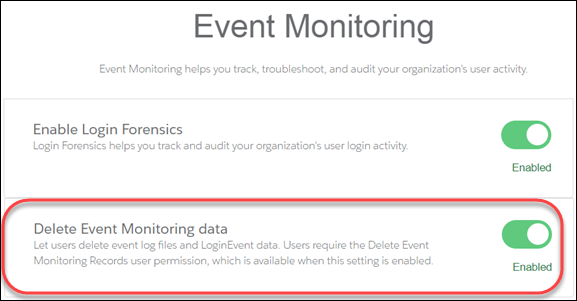 [イベント監視データを削除] オプションが有効になっている [イベント監視設定] ページ