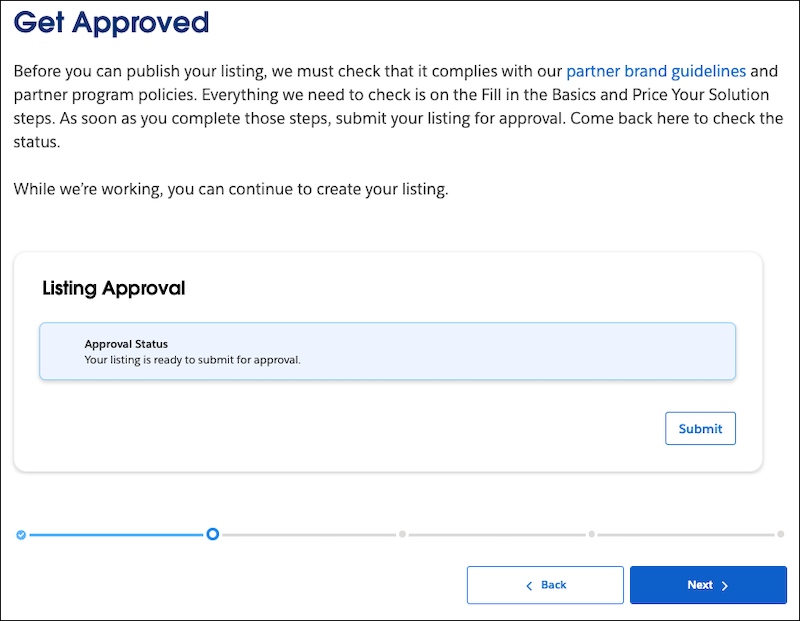 [承認状況] バナーと [申請]、[戻る]、[次へ] ボタンが表示された、AppExchange リストビルダーの [承認を得る] ステップ
