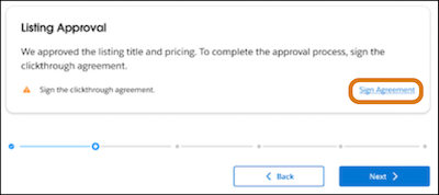 [承認状況] バナーと [申請]、[戻る]、[次へ] ボタンが表示された、AppExchange リストビルダーの [承認を得る] ステップ