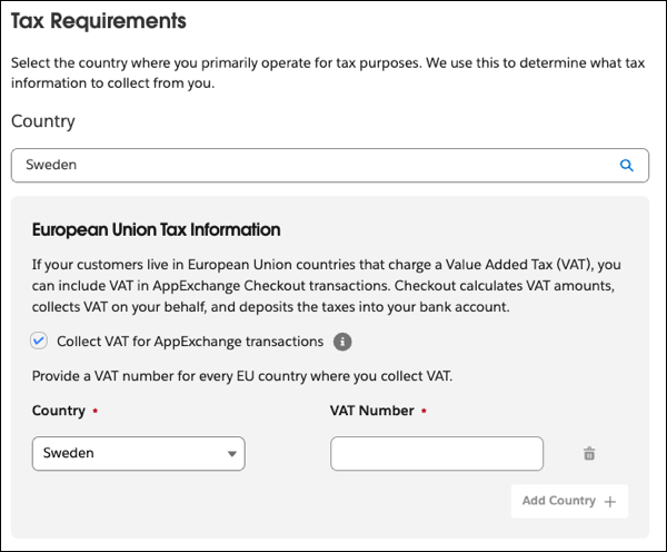 Checkout 設定時の [Tax Requirements (税金の要件)] セクションのビュー