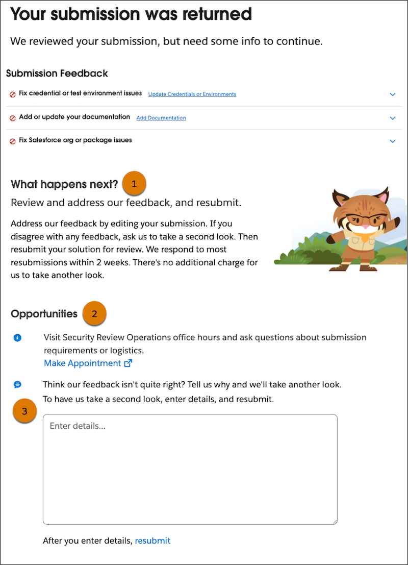 [What happens next? (この後のステップ)]、[Opportunities (機会)]、見直し要求のセクションが強調表示されたセキュリティレビューウィザードの [概要] ページのスクリーンショット