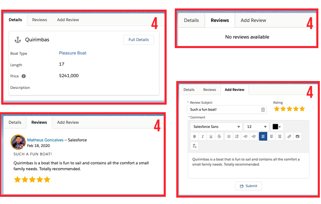 Figure: Building the Record details and boat reviews. The first tab shows the Details. The second tab shows the a message if there are no reviews available, or a list of reviews for a given boat. The third tab shows the Add Review.