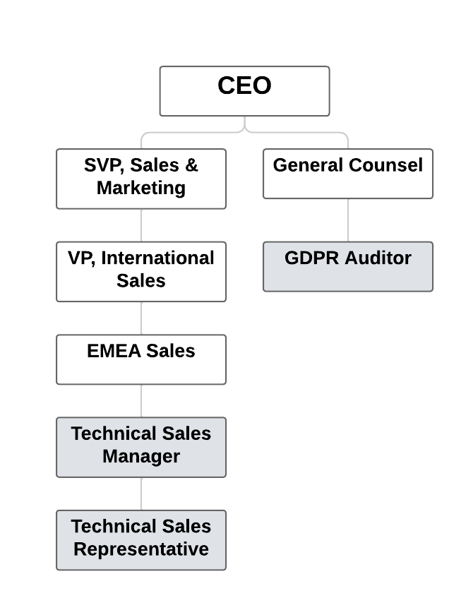Org chart showing reporting structure. There are two role hierarchies that start with the CEO. 1. CEO > SVP, Sales & Marketing > VP, International Sales > EMEA Sales > Technical Sales Manager > Technical Sales Representative. 2. CEO > General Counsel > GDPR Auditor