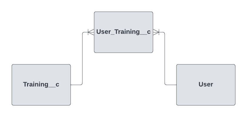 Custom object relationship diagram showing that the custom User Training object is a junction object between the standard User object and the custom Training object.