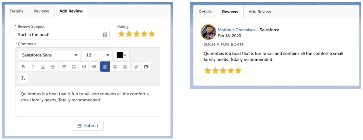 Two screenshots, side by side. On the left, the Add Review component, showing a review ready to be saved. On the right, the Reviews tab, showing the details about the review after it was saved, in read-only mode.