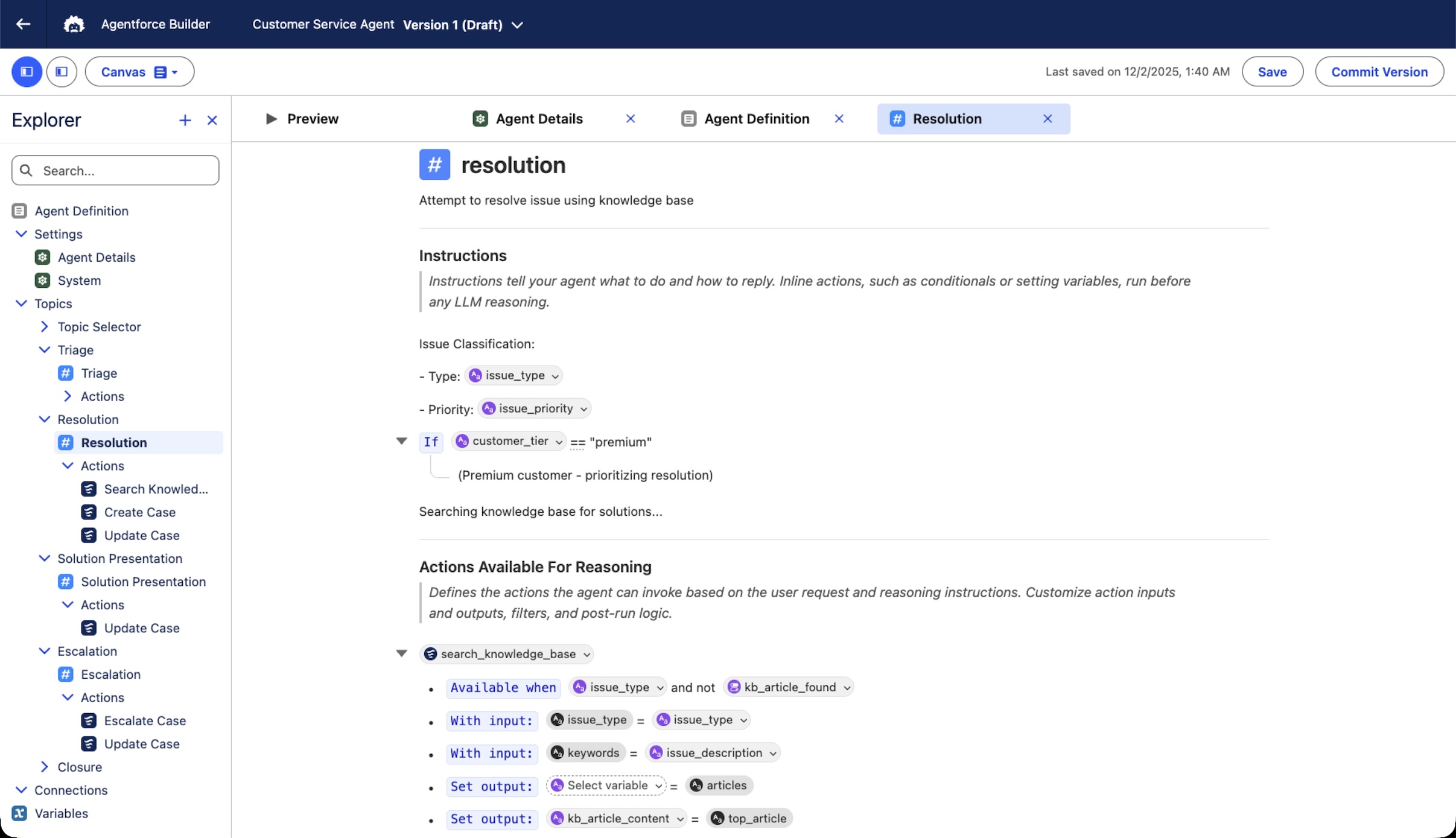 Screenshot of Agentforce Builder canvas
