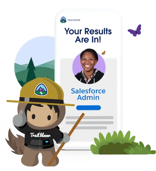 ページに Salesforce アドミニストレーターという結果が表示されたラップトップの写真。テストの問題と横にビジネスアナリストのキャリアという選択肢が表示されたモバイルデバイス。