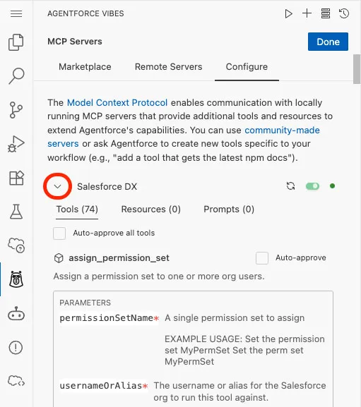 Screenshot showing the Salesforce DX MCP server tools
