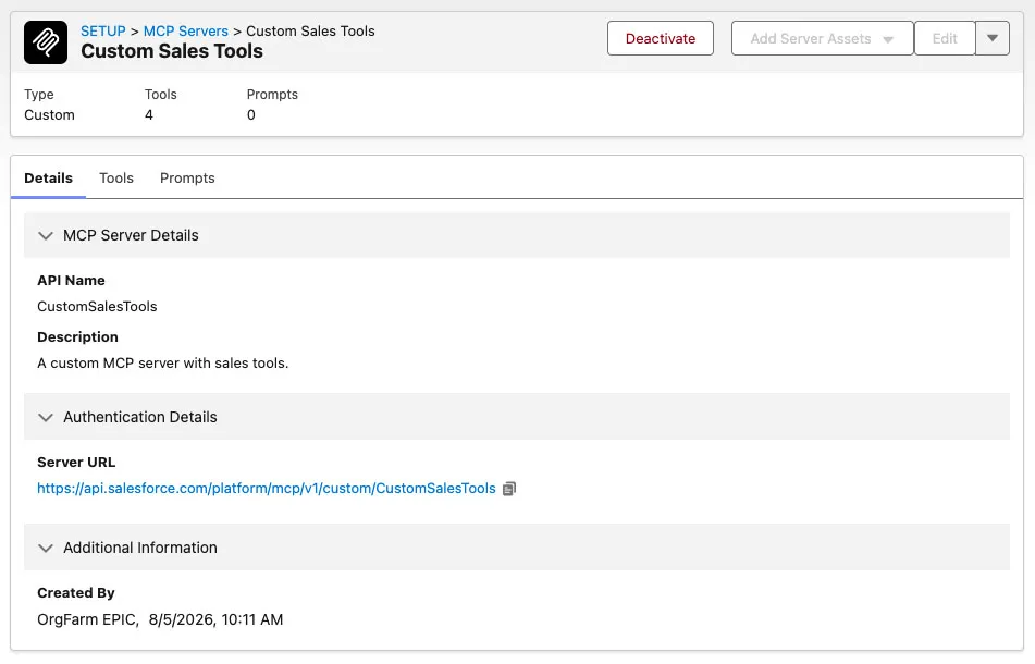 Screenshot showing the active custom mcp server