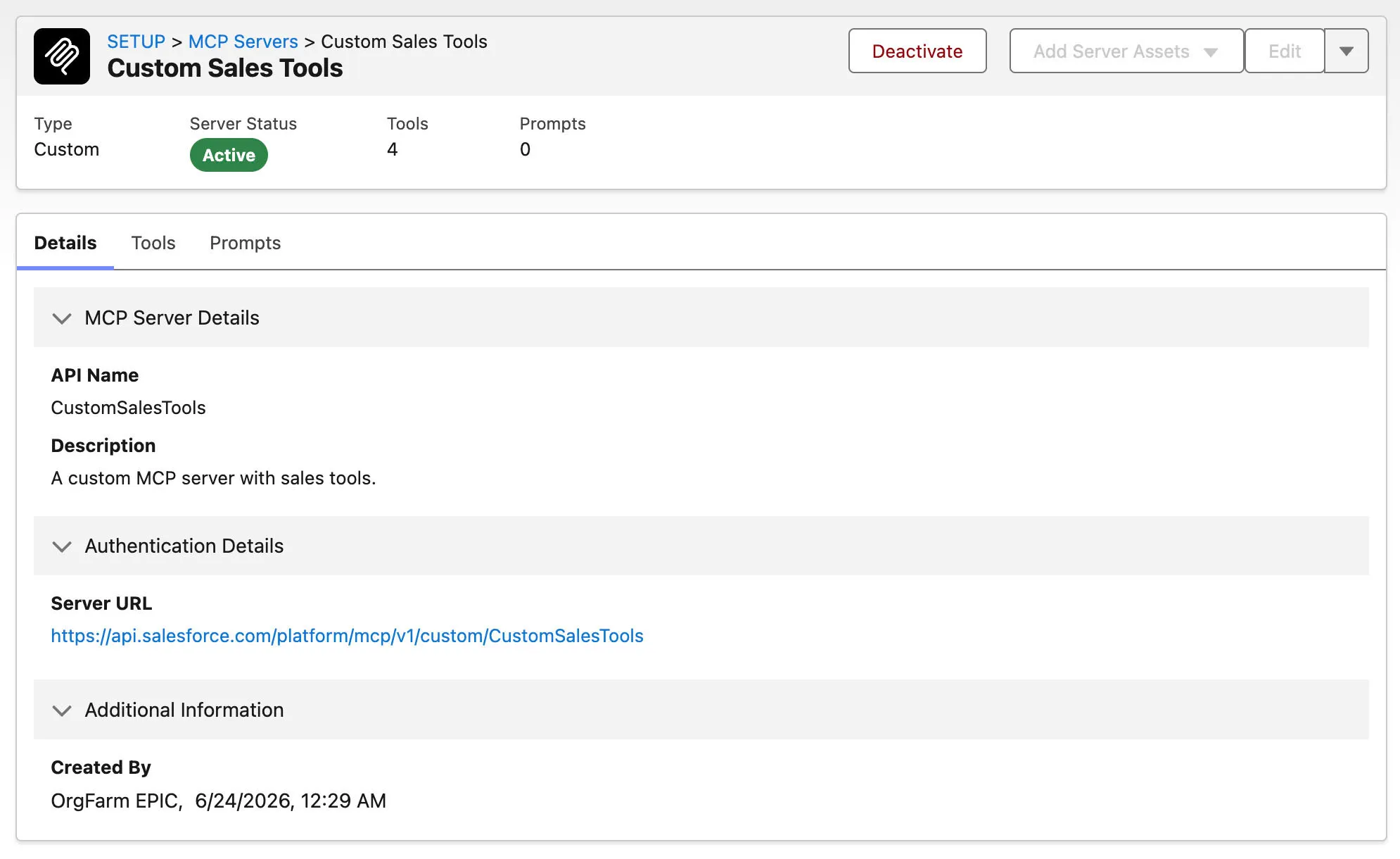 Screenshot showing the active custom mcp server
