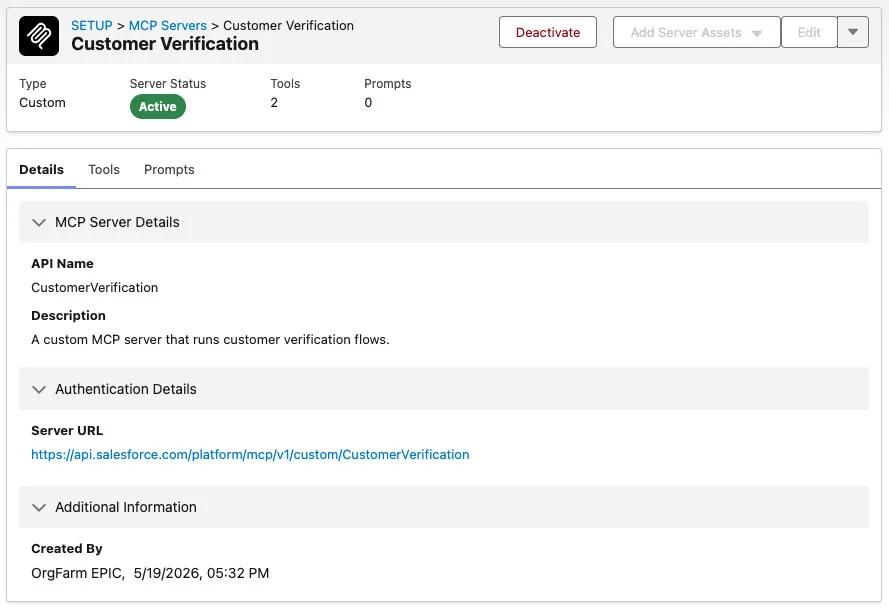 Screenshot showing the active custom mcp server