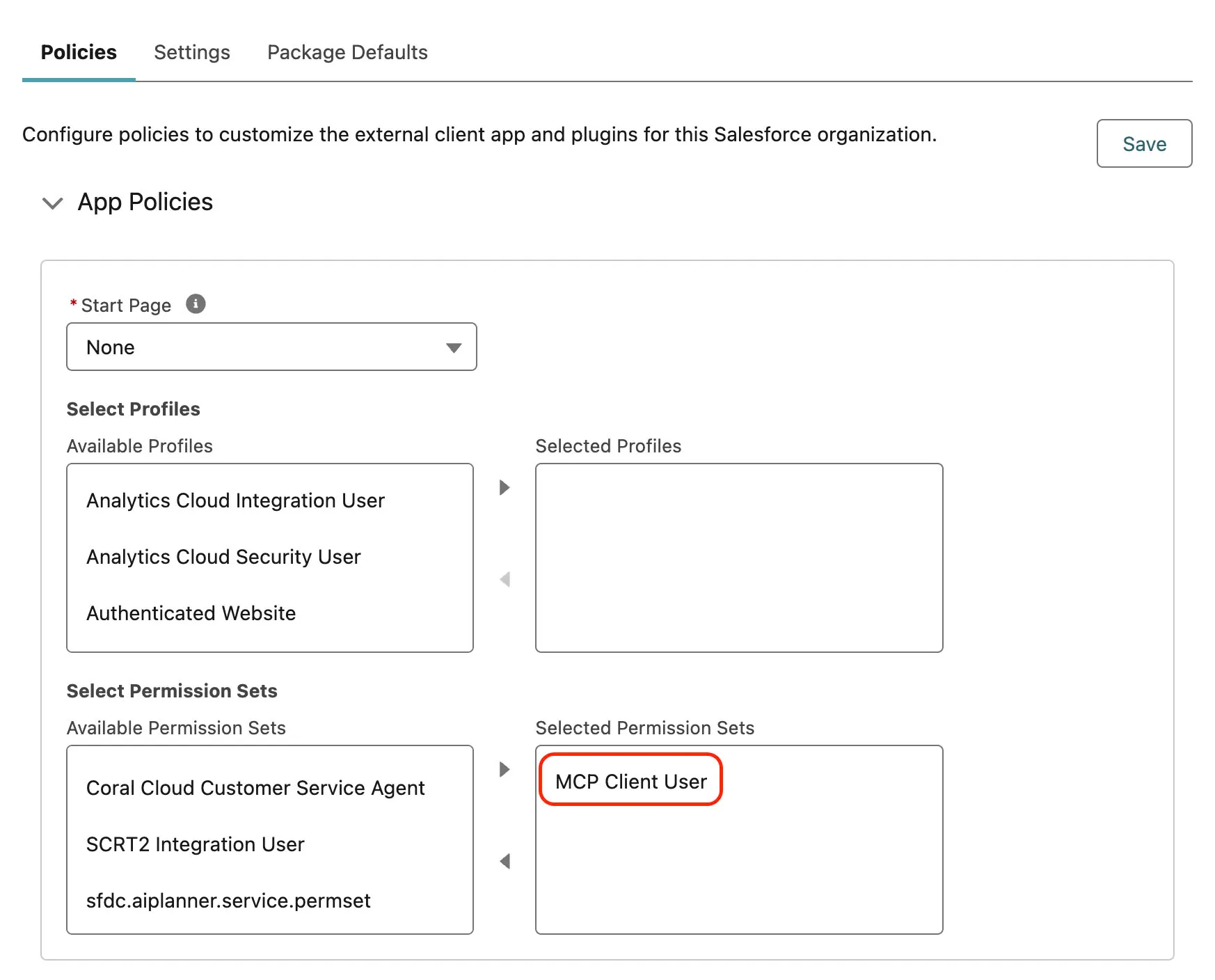 Screenshot showing the permission set selection