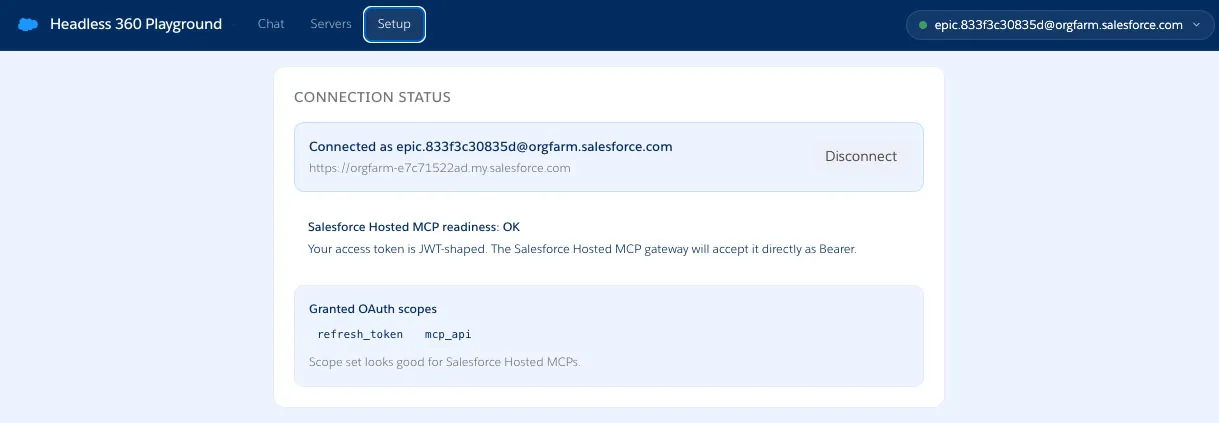 Screenshot showing the connection status