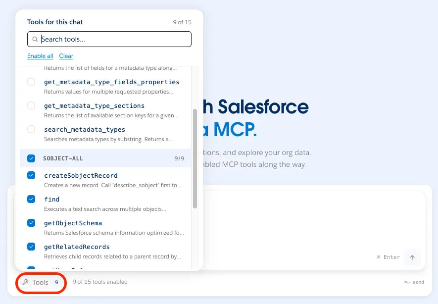 Screenshot showing how to select the sobject-all MCP server