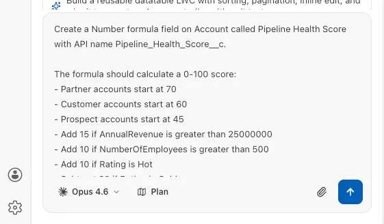 Screenshot showing the Account Pipeline Health Widget prompt entered in Agentforce Vibes