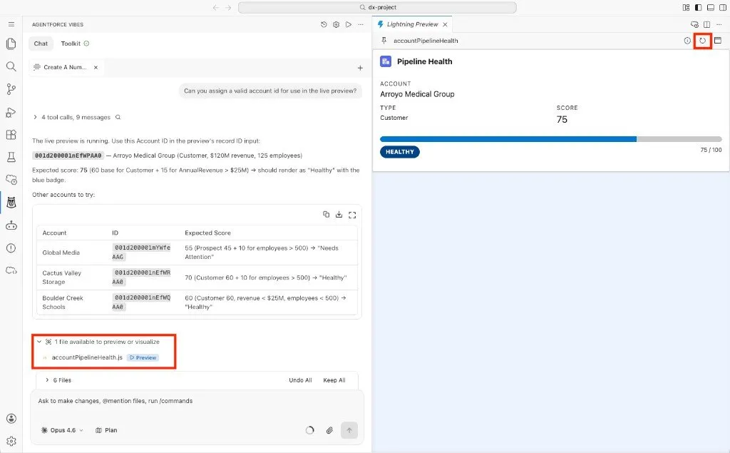Screenshot showing the Account Pipeline Health component running in Component Preview