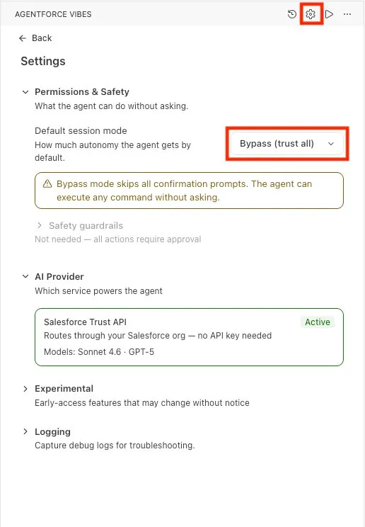 Screenshot showing Agentforce Vibes settings with Bypass trust all selected