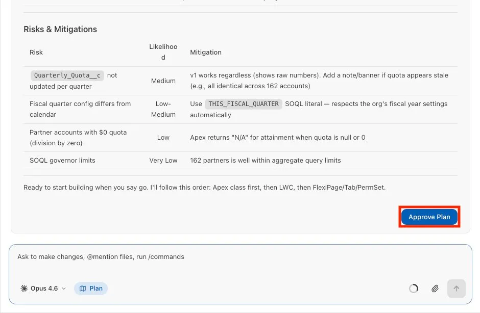 Screenshot showing the Approve Plan button in Agentforce Vibes