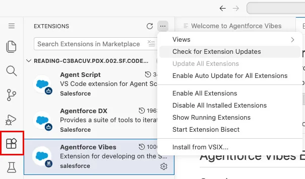 Screenshot showing how to check for extension updates