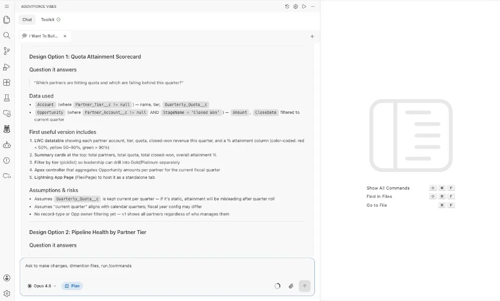 Screenshot showing Agentforce Vibes proposing dashboard design options