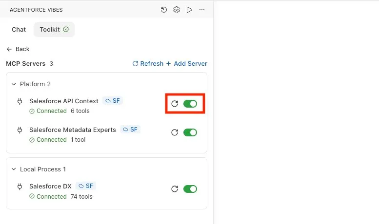Screenshot showing preconfigured MCP servers in Agentforce Vibes