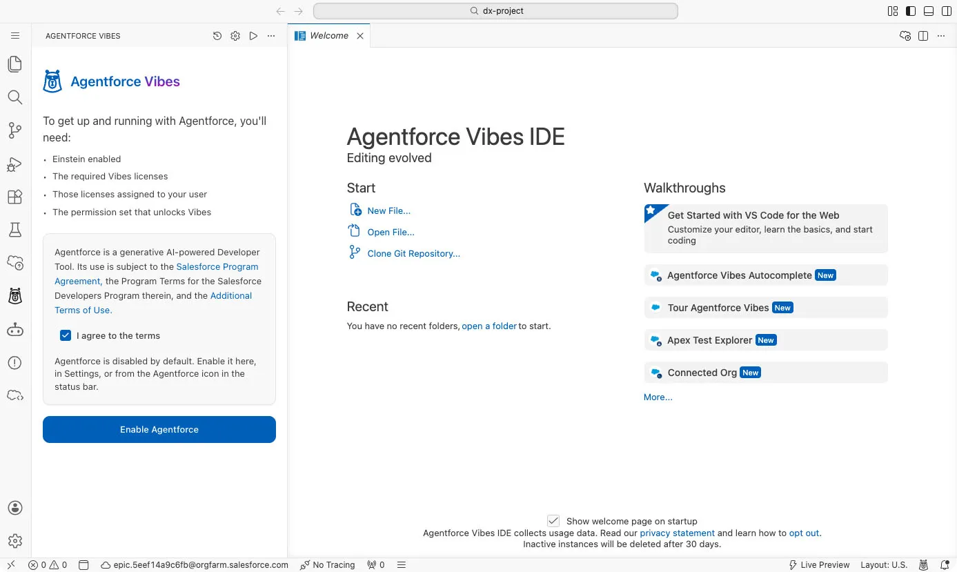 Screenshot showing a prompt to accept terms before enabling Agentforce Vibes