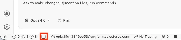 Screenshot showing the Open Default Org in Browser button in the status bar