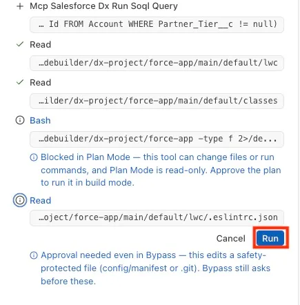 Screenshot showing Agentforce Vibes asking for approval to run a tool